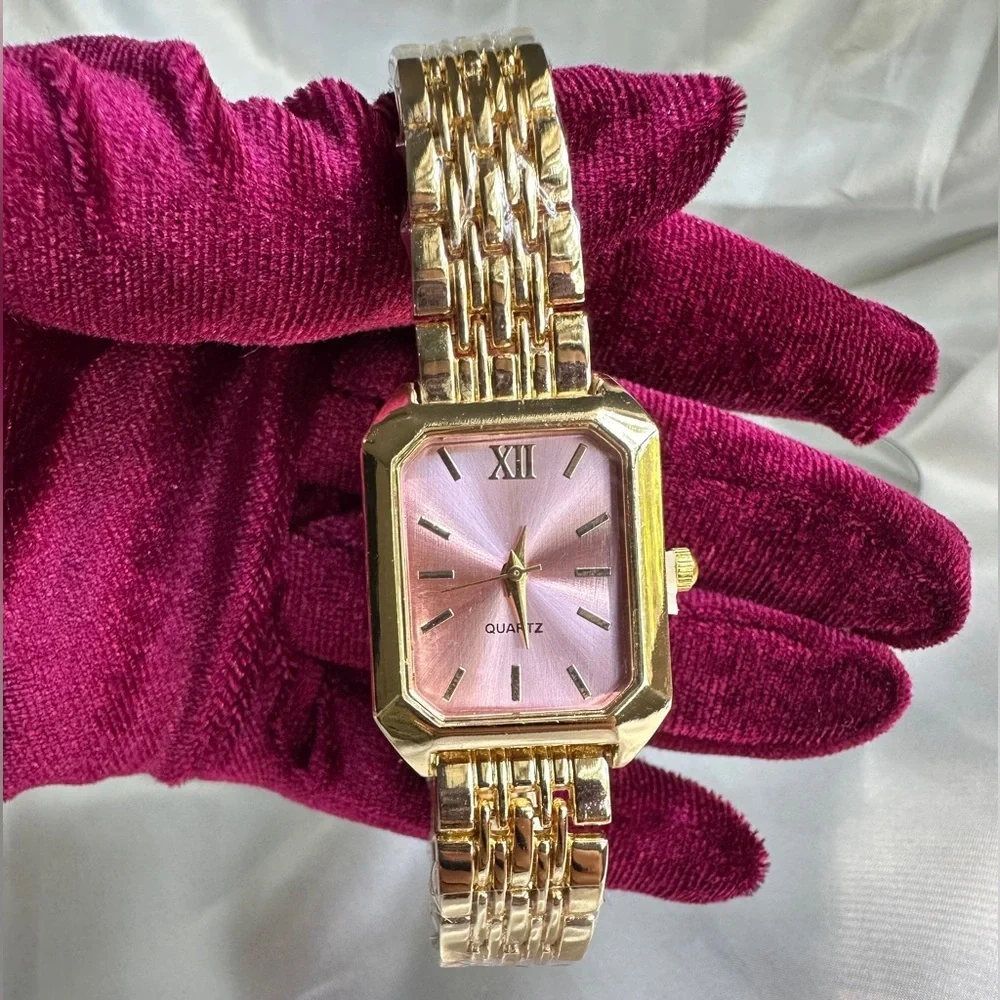 Anthropologie Gold Bracelet Watch with Pink Dial